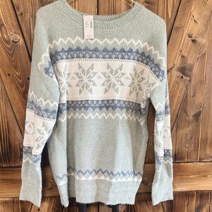 Maurices Sage Green Fair Isle Crewneck Sweater with White & Blue Snowflakes